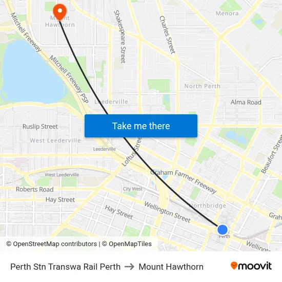 Perth Stn Transwa Rail Perth to Mount Hawthorn map