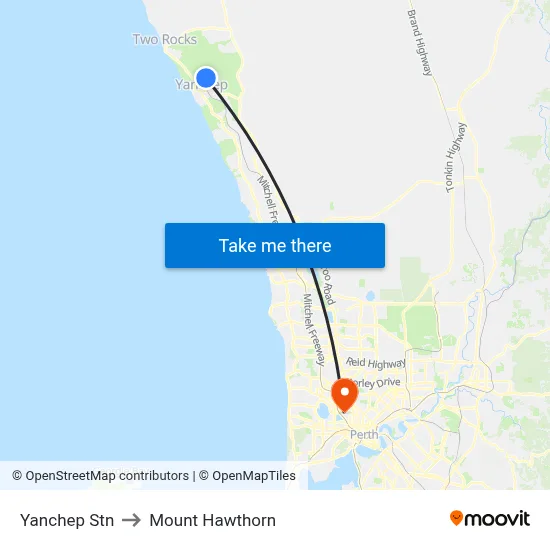 Yanchep Stn to Mount Hawthorn map