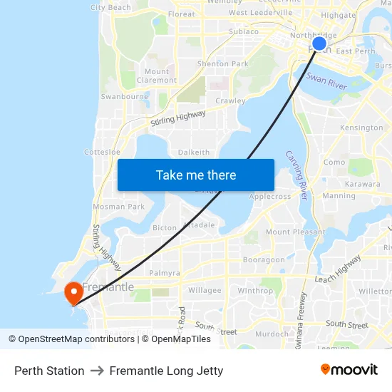 Perth Station to Fremantle Long Jetty map