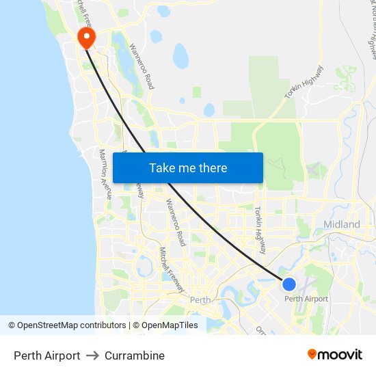 Perth Airport to Currambine map