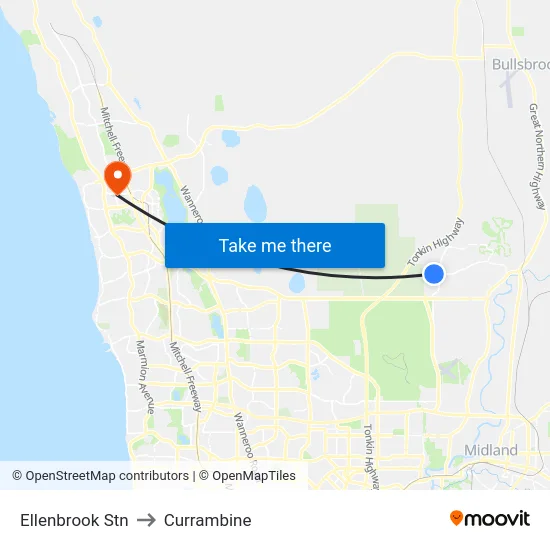 Ellenbrook Stn to Currambine map