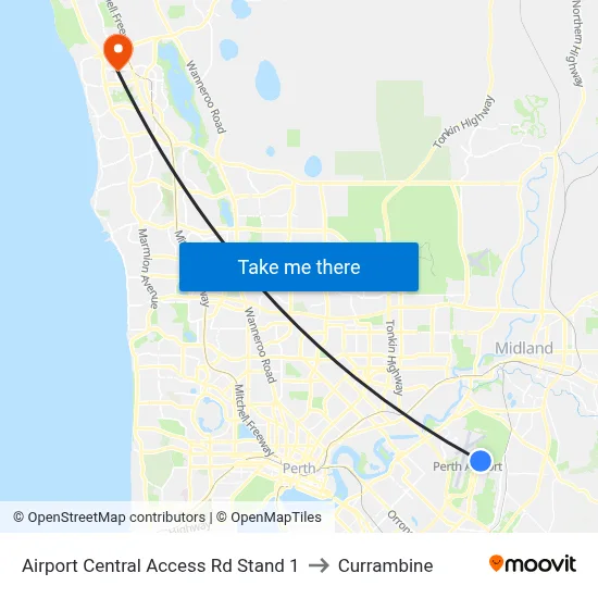 Airport Central Access Rd Stand 1 to Currambine map