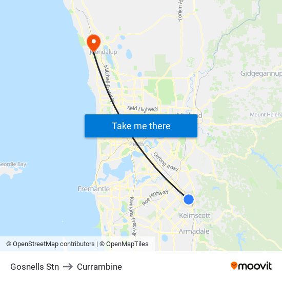 Gosnells Stn to Currambine map