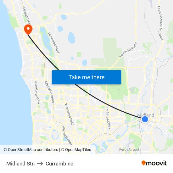 Midland Stn to Currambine map