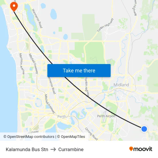 Kalamunda Bus Stn to Currambine map
