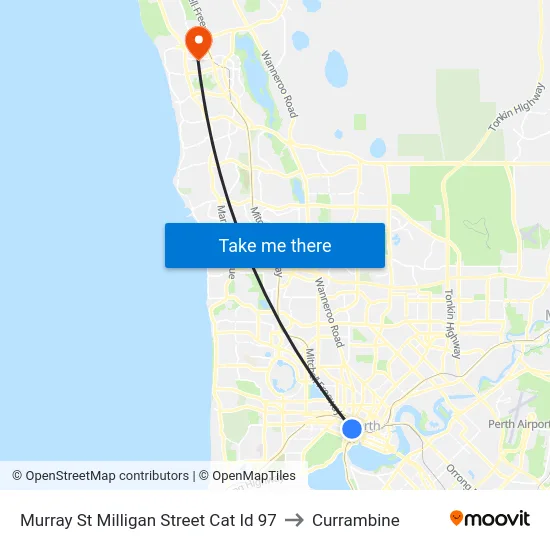 Murray St Milligan Street Cat Id 97 to Currambine map