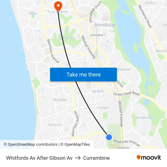 Whitfords Av After Gibson Av to Currambine map