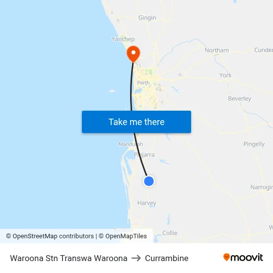 Waroona Stn Transwa Waroona to Currambine map
