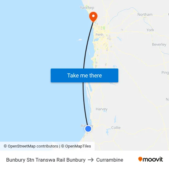 Bunbury Stn Transwa Rail Bunbury to Currambine map