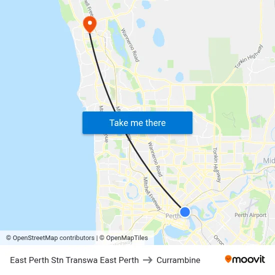 East Perth Stn Transwa East Perth to Currambine map