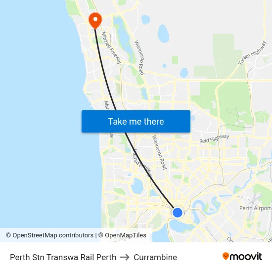 Perth Stn Transwa Rail Perth to Currambine map