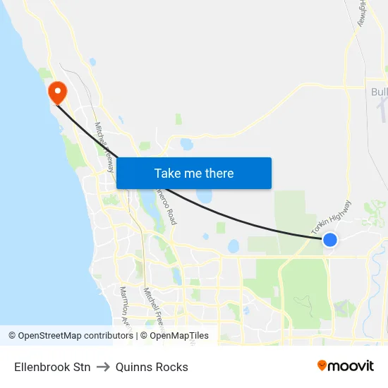 Ellenbrook Stn to Quinns Rocks map