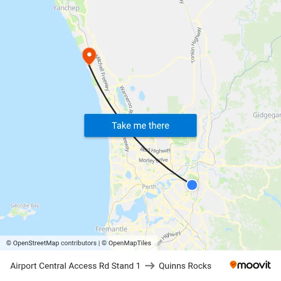 Airport Central Access Rd Stand 1 to Quinns Rocks map