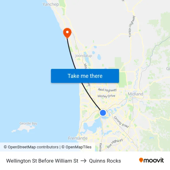 Wellington St Before William St to Quinns Rocks map