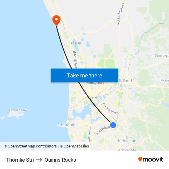 Thornlie Stn to Quinns Rocks map