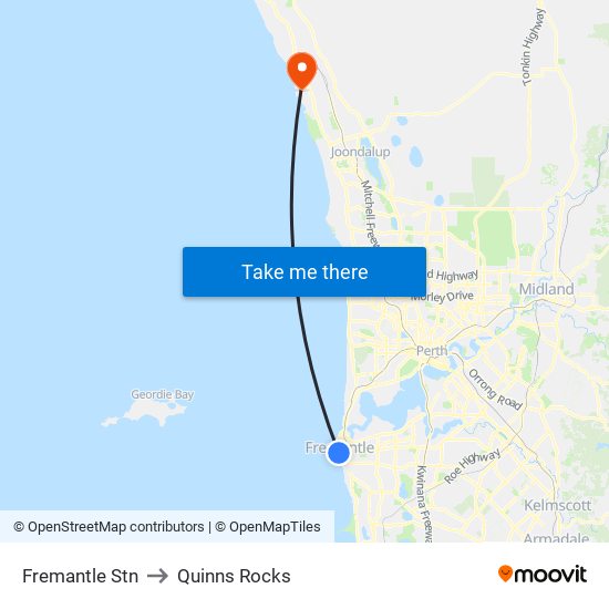 Fremantle Stn to Quinns Rocks map