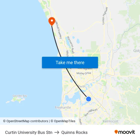 Curtin University Bus Stn to Quinns Rocks map