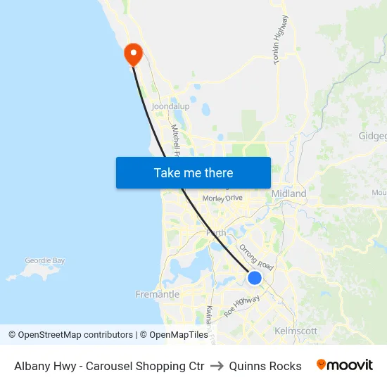 Albany Hwy - Carousel Shopping Ctr to Quinns Rocks map