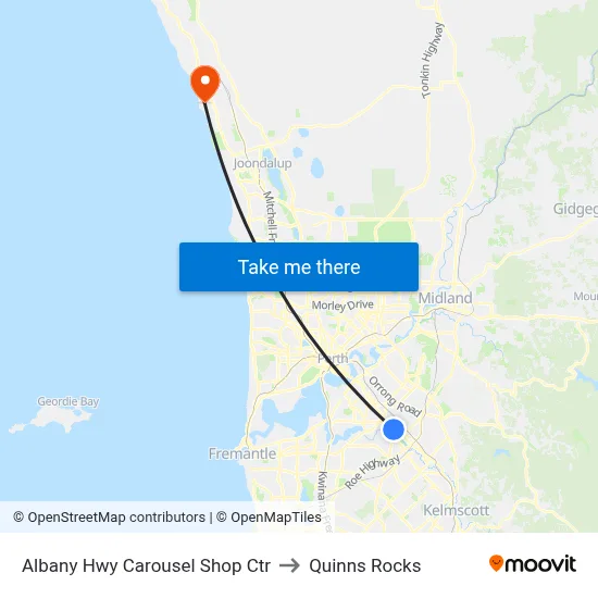 Albany Hwy Carousel Shop Ctr to Quinns Rocks map