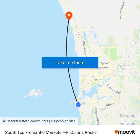 South Tce Fremantle Markets to Quinns Rocks map