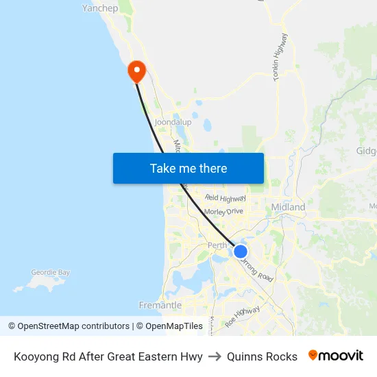Kooyong Rd After Great Eastern Hwy to Quinns Rocks map