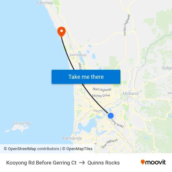 Kooyong Rd Before Gerring Ct to Quinns Rocks map