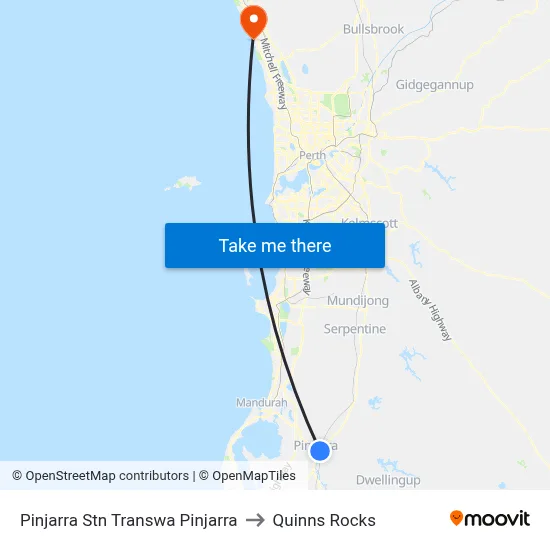 Pinjarra Stn Transwa Pinjarra to Quinns Rocks map