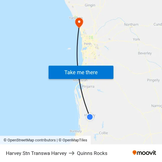 Harvey Stn Transwa Harvey to Quinns Rocks map