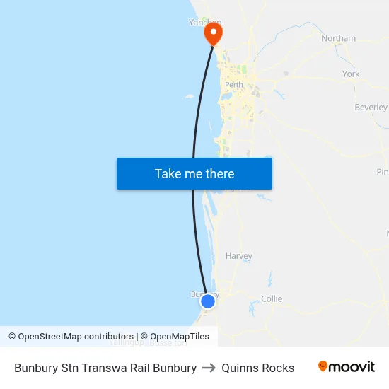 Bunbury Stn Transwa Rail Bunbury to Quinns Rocks map