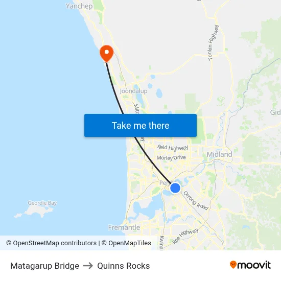 Matagarup Bridge to Quinns Rocks map