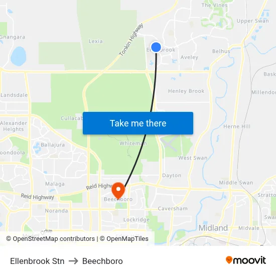 Ellenbrook Stn to Beechboro map