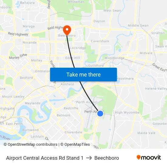 Airport Central Access Rd Stand 1 to Beechboro map