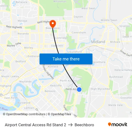 Airport Central Access Rd Stand 2 to Beechboro map