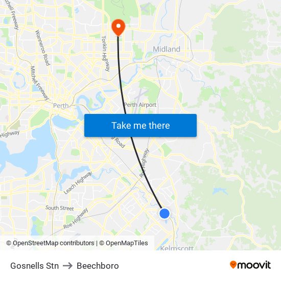 Gosnells Stn to Beechboro map