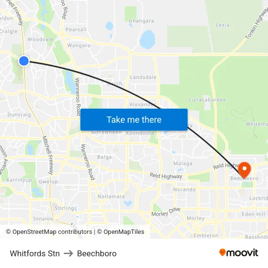 Whitfords Stn to Beechboro map