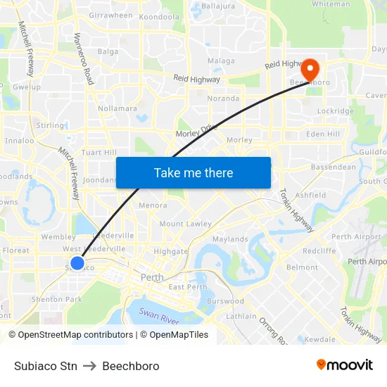 Subiaco Stn to Beechboro map