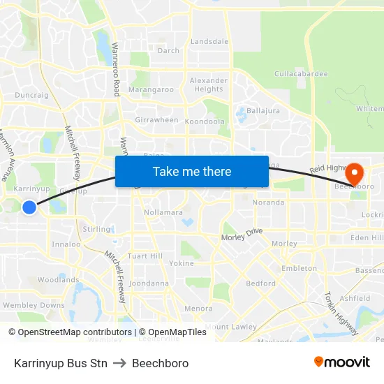 Karrinyup Bus Stn to Beechboro map