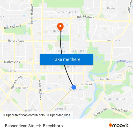 Bassendean Stn to Beechboro map