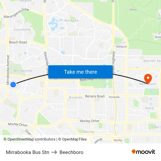 Mirrabooka Bus Stn to Beechboro map