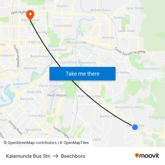 Kalamunda Bus Stn to Beechboro map