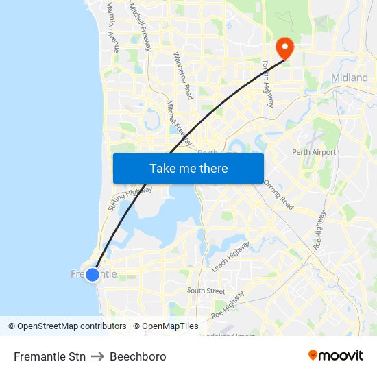 Fremantle Stn to Beechboro map