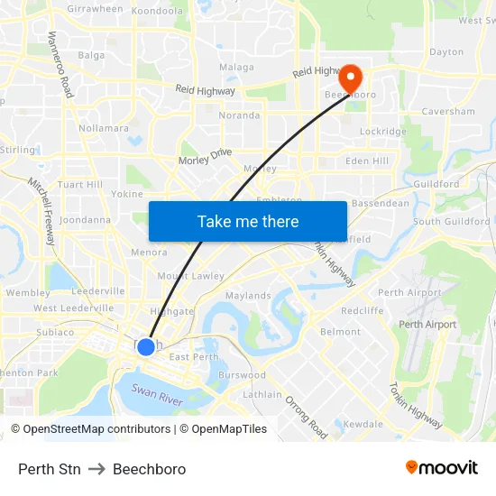 Perth Stn to Beechboro map