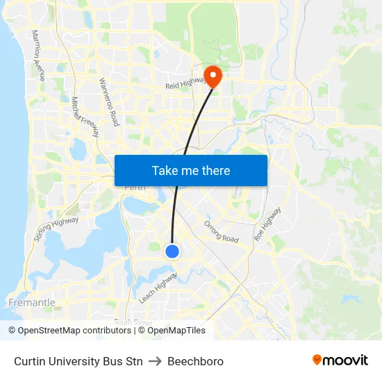 Curtin University Bus Stn to Beechboro map