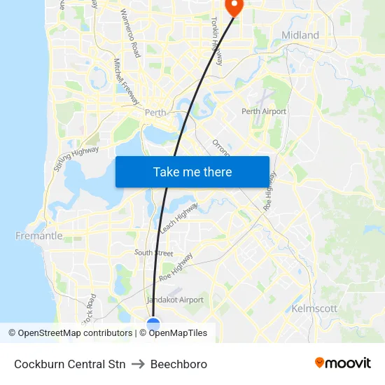 Cockburn Central Stn to Beechboro map