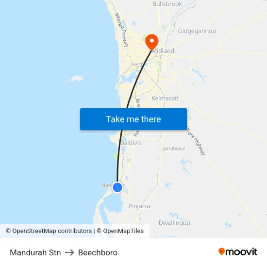 Mandurah Stn to Beechboro map