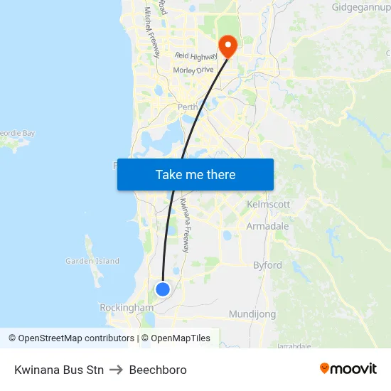 Kwinana Bus Stn to Beechboro map