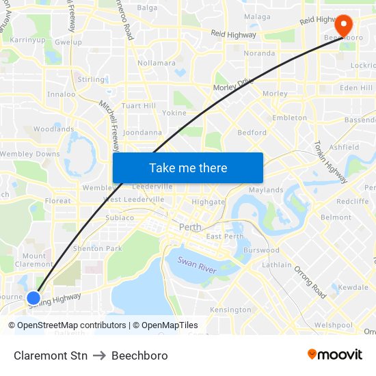 Claremont Stn to Beechboro map