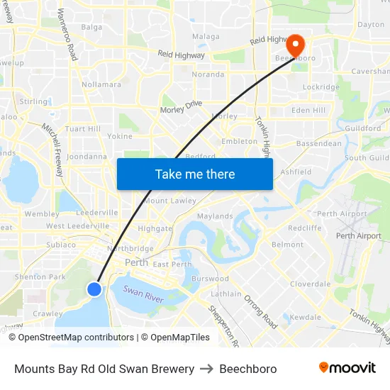 Mounts Bay Rd Old Swan Brewery to Beechboro map