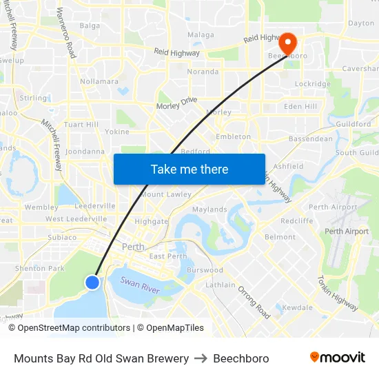 Mounts Bay Rd Old Swan Brewery to Beechboro map