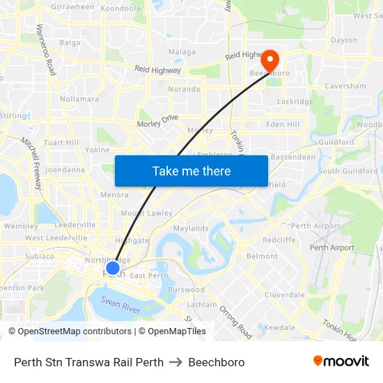 Perth Stn Transwa Rail Perth to Beechboro map